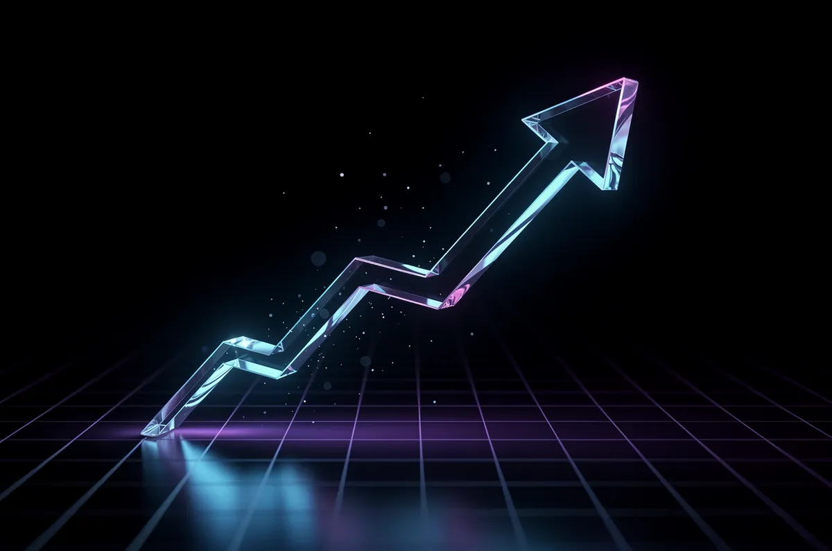Gráfico de linha ascendente com seta sobre uma grade digital azul, representando crescimento no ranqueamento