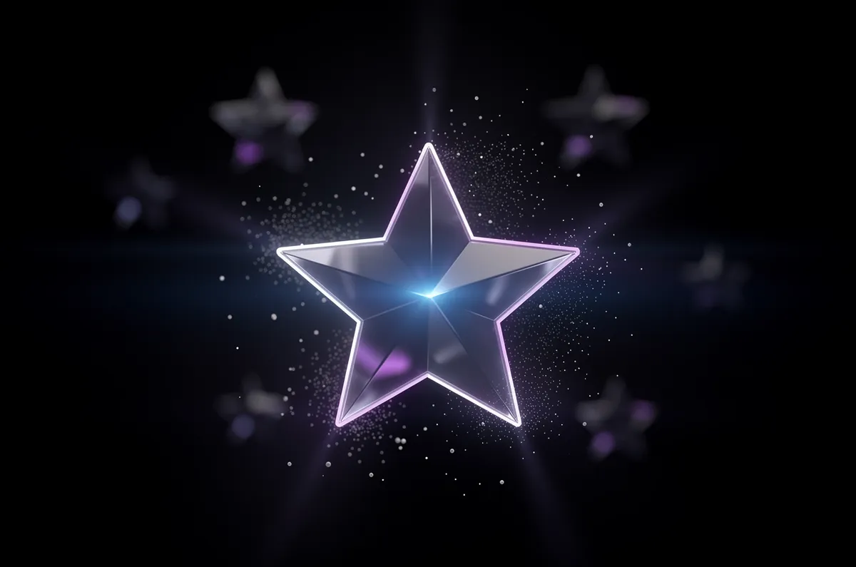 Uma estrela luminosa em destaque entre partículas, com estrelas apagando ao fundo escuro, representando avaliações online e reputação