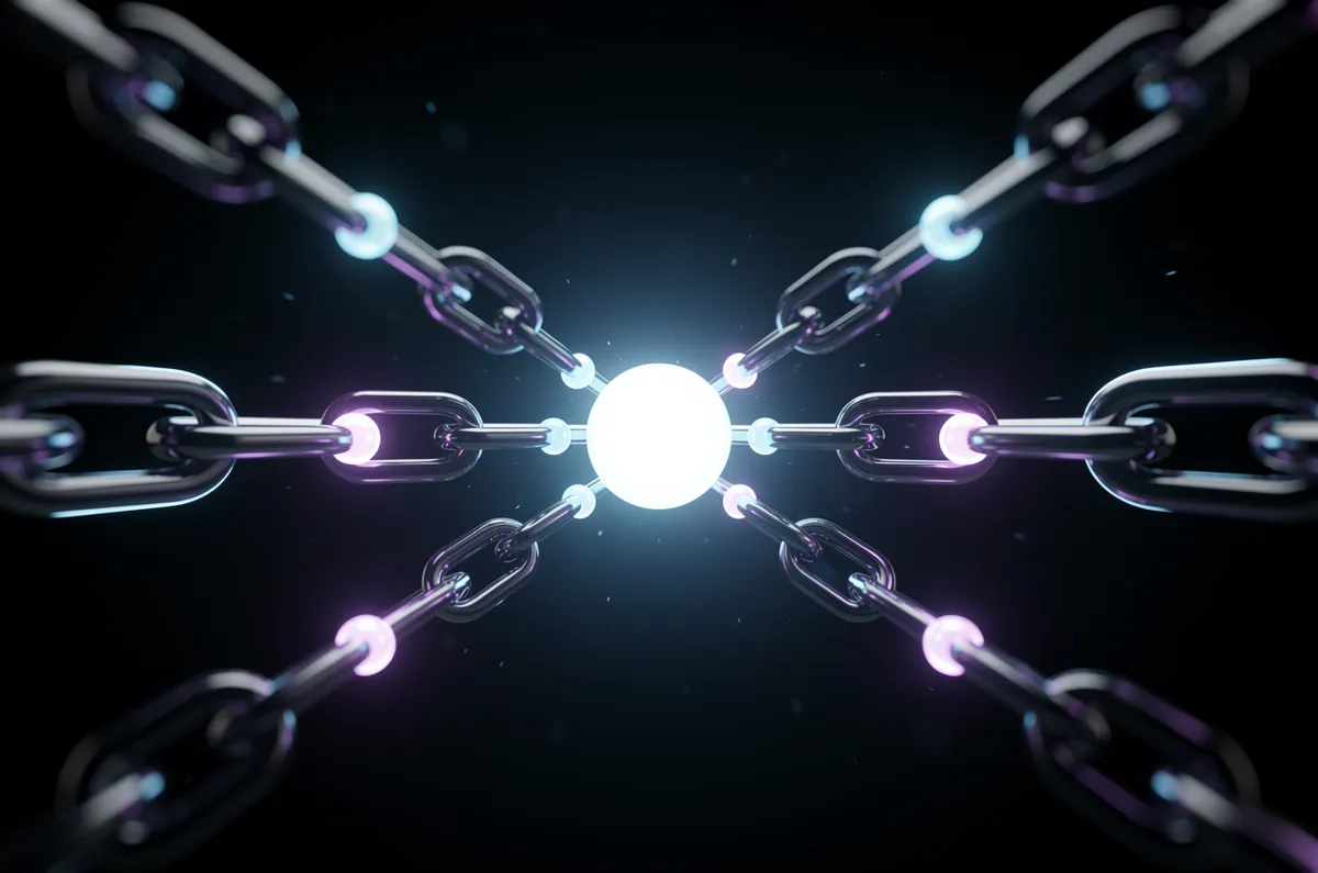 Correntes de luz convergindo para um ponto central brilhante, representando backlinks de autoridade