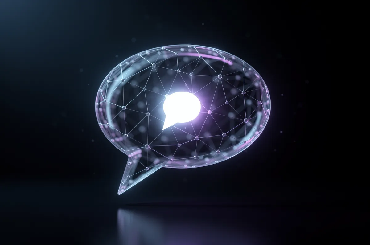 Balão de conversa luminoso com um nó brilhante em destaque entre vários nós conectados em azul e violeta, representando uma marca citada pela inteligência artificial