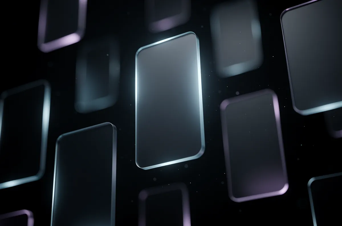 Fluxo vertical de cartões de vidro luminosos subindo como um feed de celular, com um cartão em destaque brilhando, representando conteúdo aparecendo no Google Discover