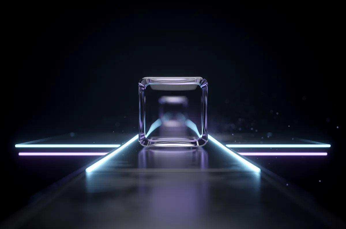 Cubo de vidro translúcido deslizando por uma trilha de luz, representando a migração de um site para uma plataforma de alta performance