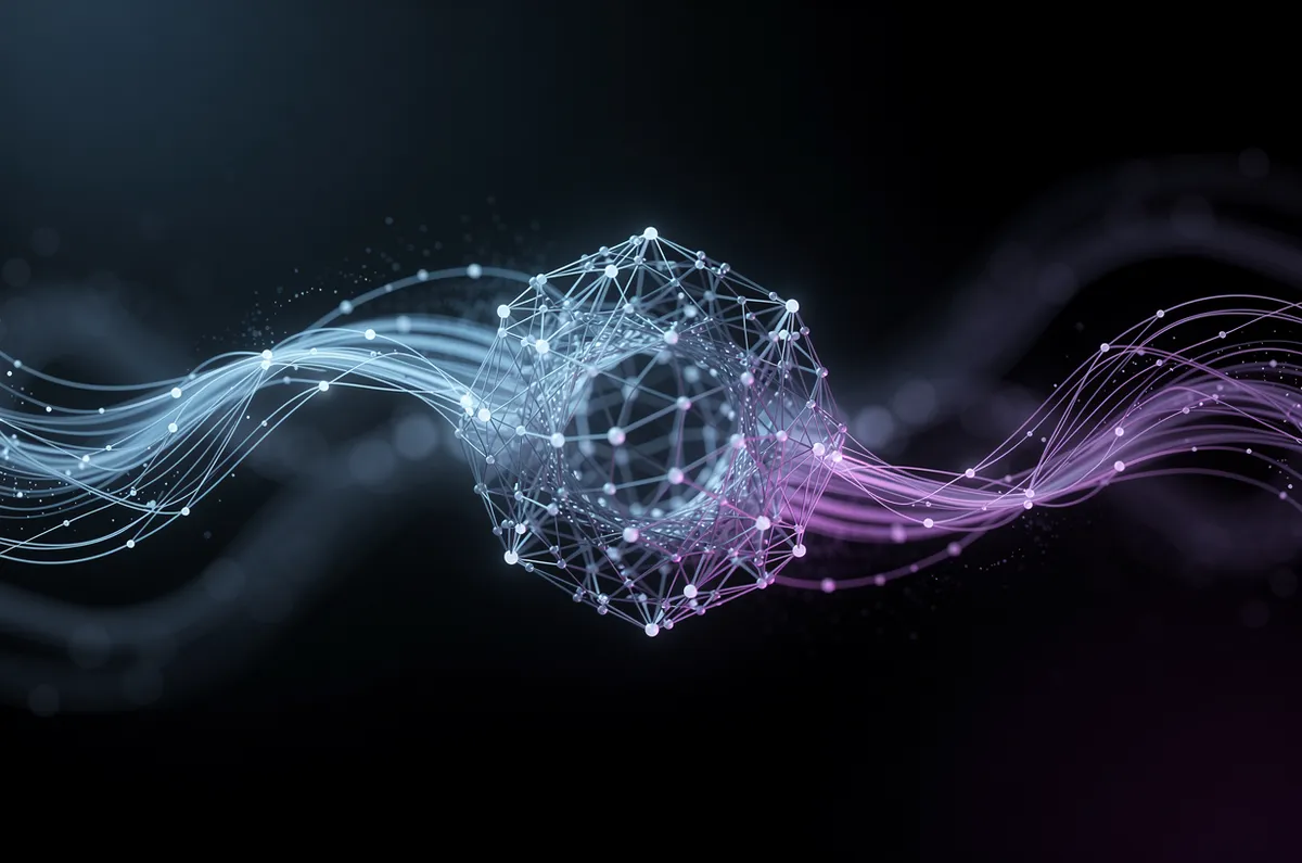 Rede neural de nós conectados com rastros de luz azul e violeta, representando a busca por inteligência artificial