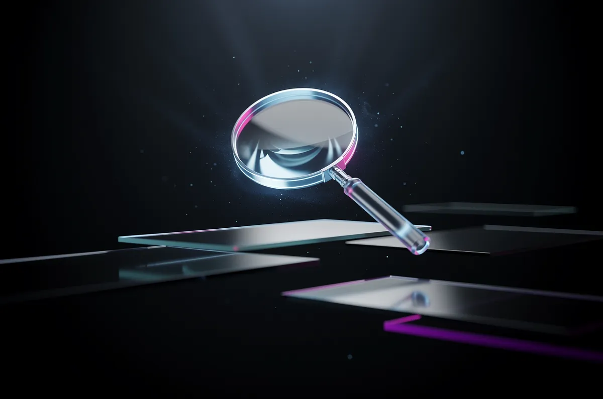 Lupa de vidro luminosa sobre painéis de luz flutuantes em azul e violeta sobre fundo escuro, representando busca e otimização para o Google