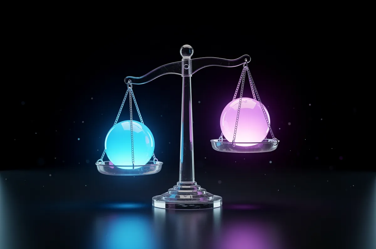 Balança de vidro luminosa equilibrando esferas azuis e violeta sobre fundo escuro, representando o equilíbrio entre custo e retorno de investimento