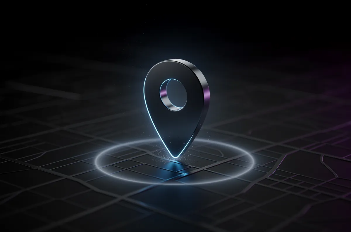 Pino de localização 3D sobre um mapa escuro com círculo de alcance, representando SEO local